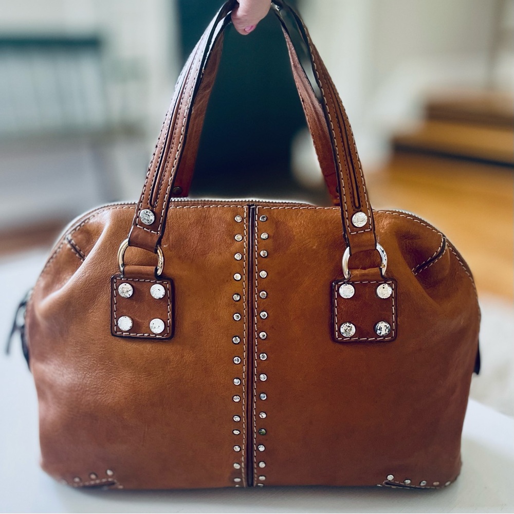 Vintage Michael Kors Studded Astor Camel Tan Color Zip Top Dome Satchel …